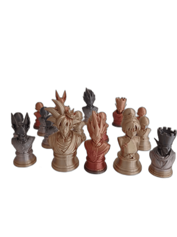 Rangée de pièces d'échecs imprimées en 3D aux formes sculptées, en beige, gris et rose, alignées sur fond noir.